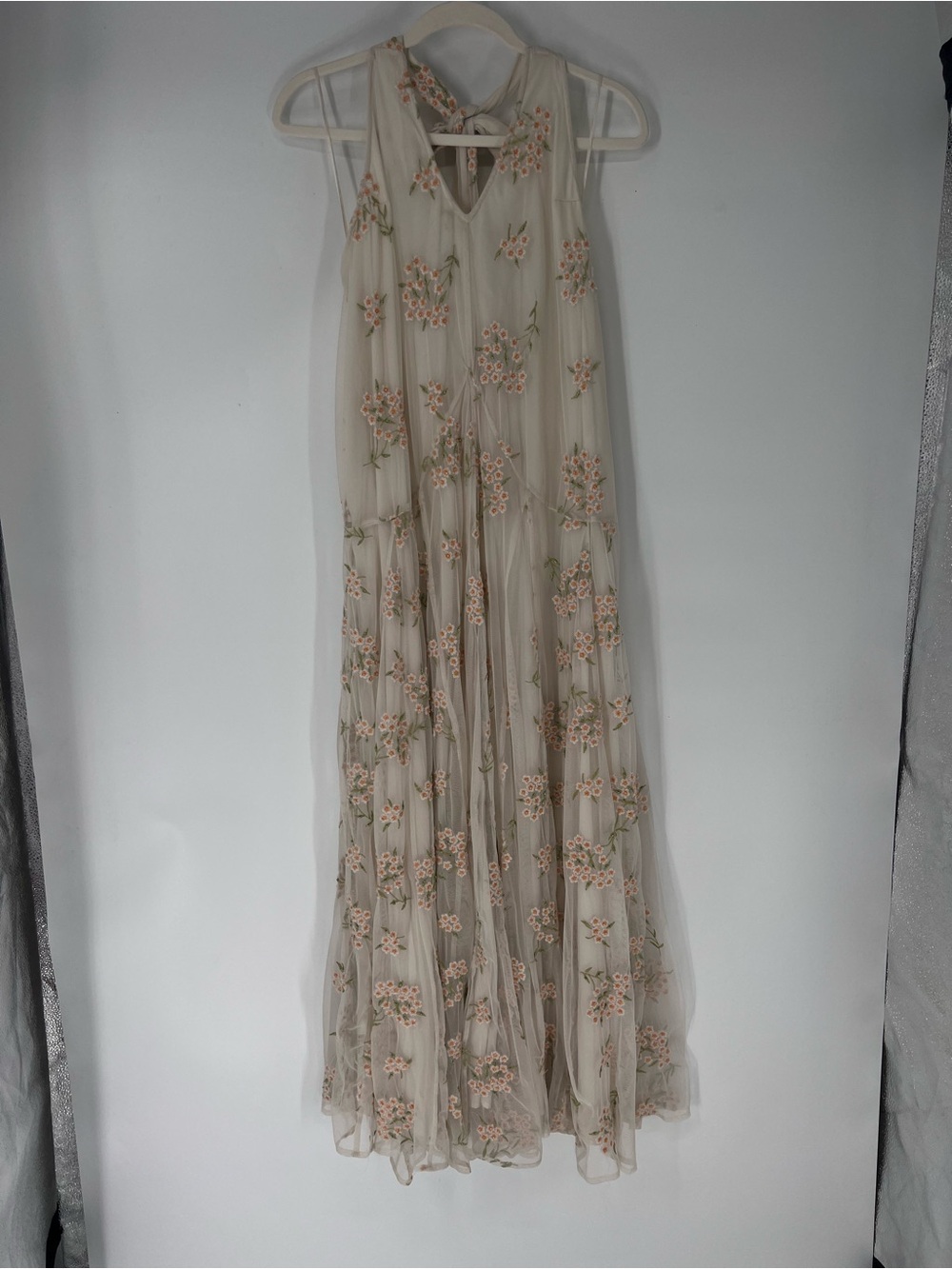Free People Cream White Floral Beaded Embroidered Backless Halter Maxi Dress M